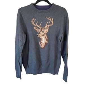 Tommy Hilfiger Sweater Mens Small Gray‎ Long Sleeve Deer Elbow Patch Classic